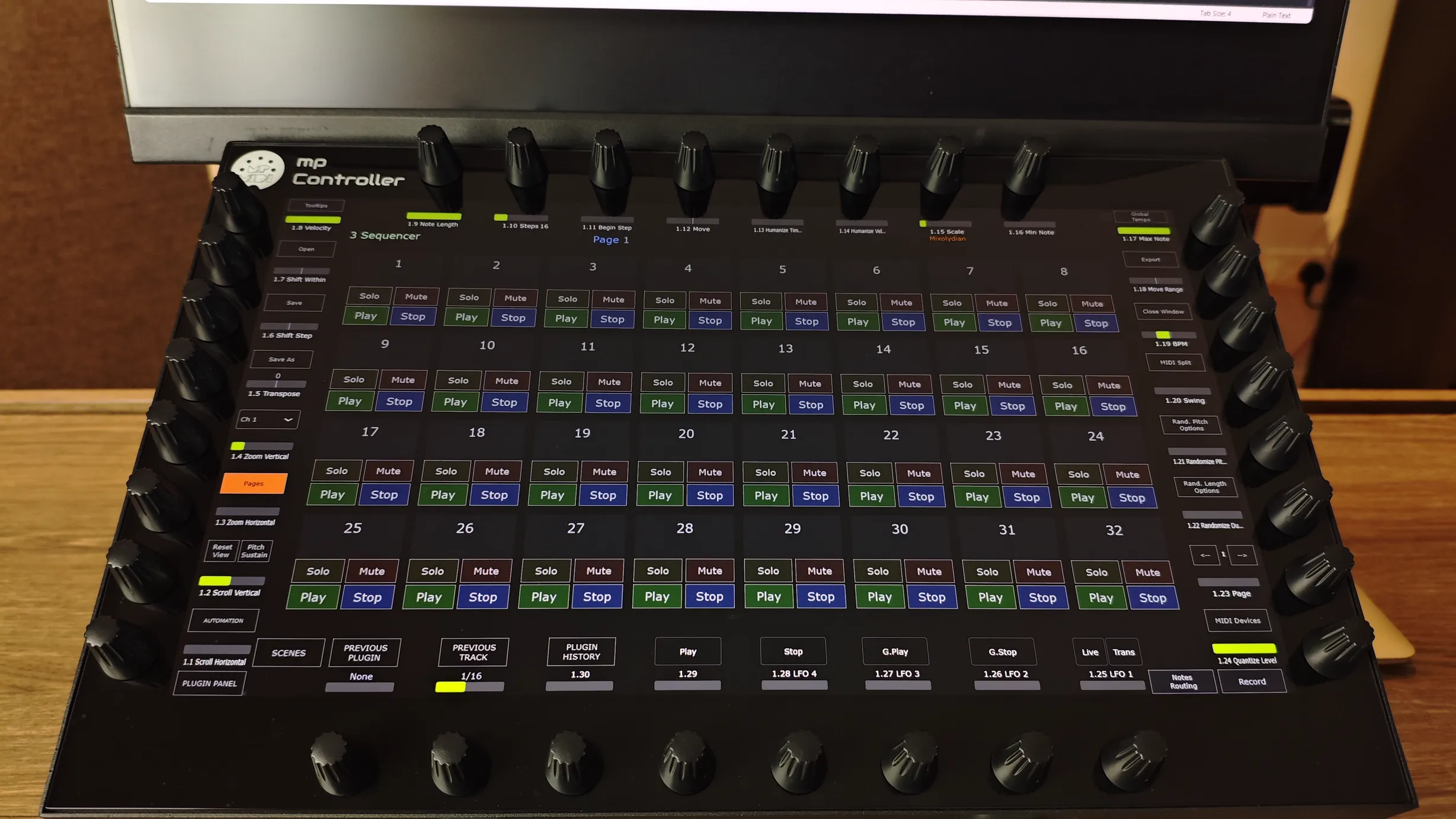 MP Sequencer interface showing 32 independent sequencers and arpeggiators